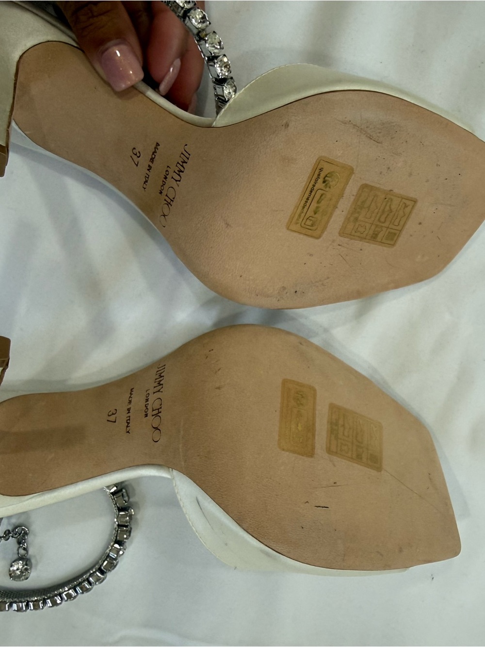Jimmy Choo Saeda 100 Ivory Satin Crystal Ankle-Strap Sandals - Picture 10 of 10